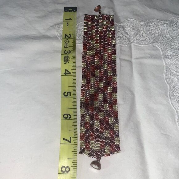 Vintage Handmade Seed Bead Copper Tone Patchwork Bracelet - Picture 13 of 13